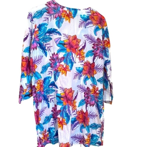 KIKISOL Tunic Top Medium Beach Coverup Cotton White Tropical Floral - Picture 5 of 9